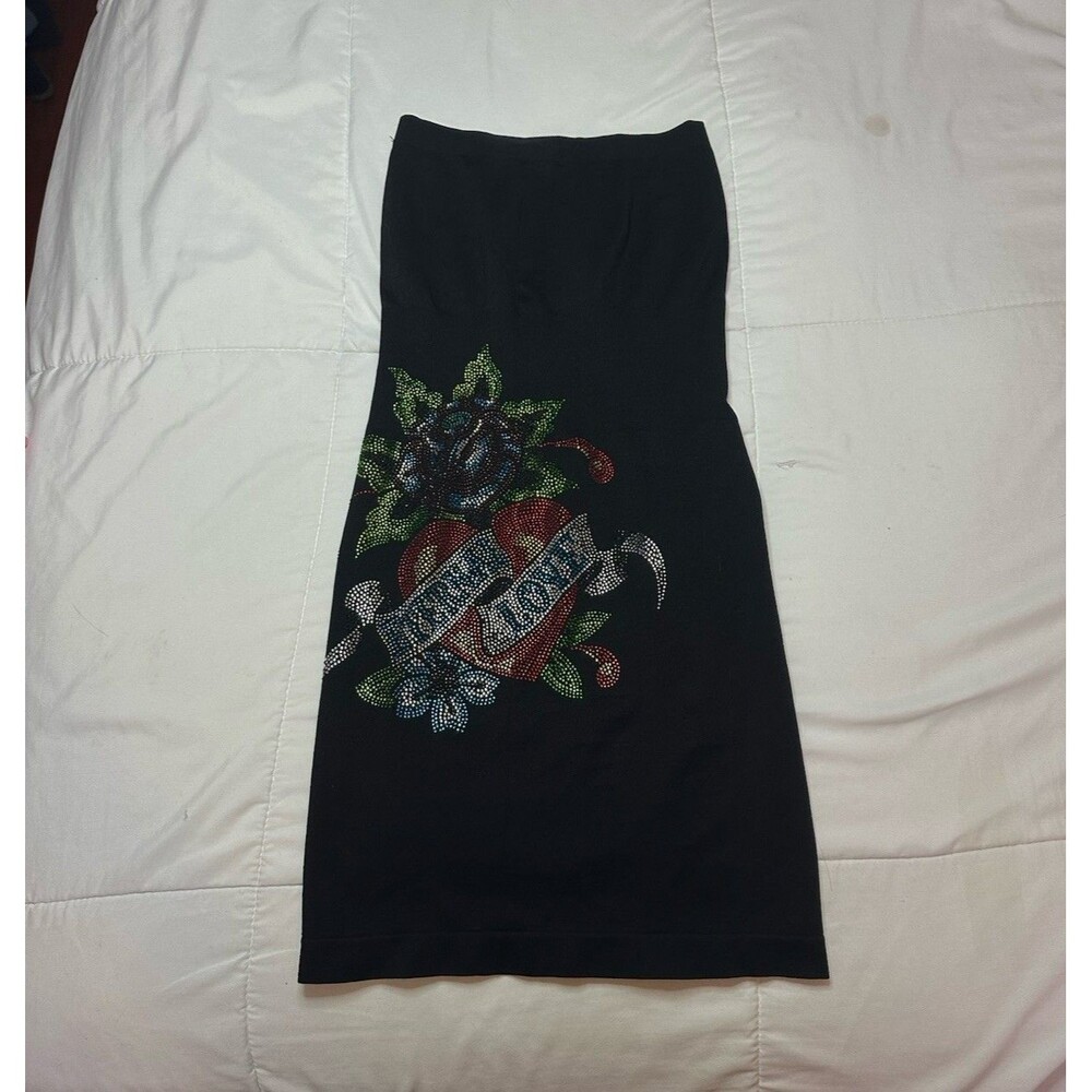 Y2K Eternal Love Tube Dress Stretchy Spandex Rhinestone Grunge Heart Black XS/S